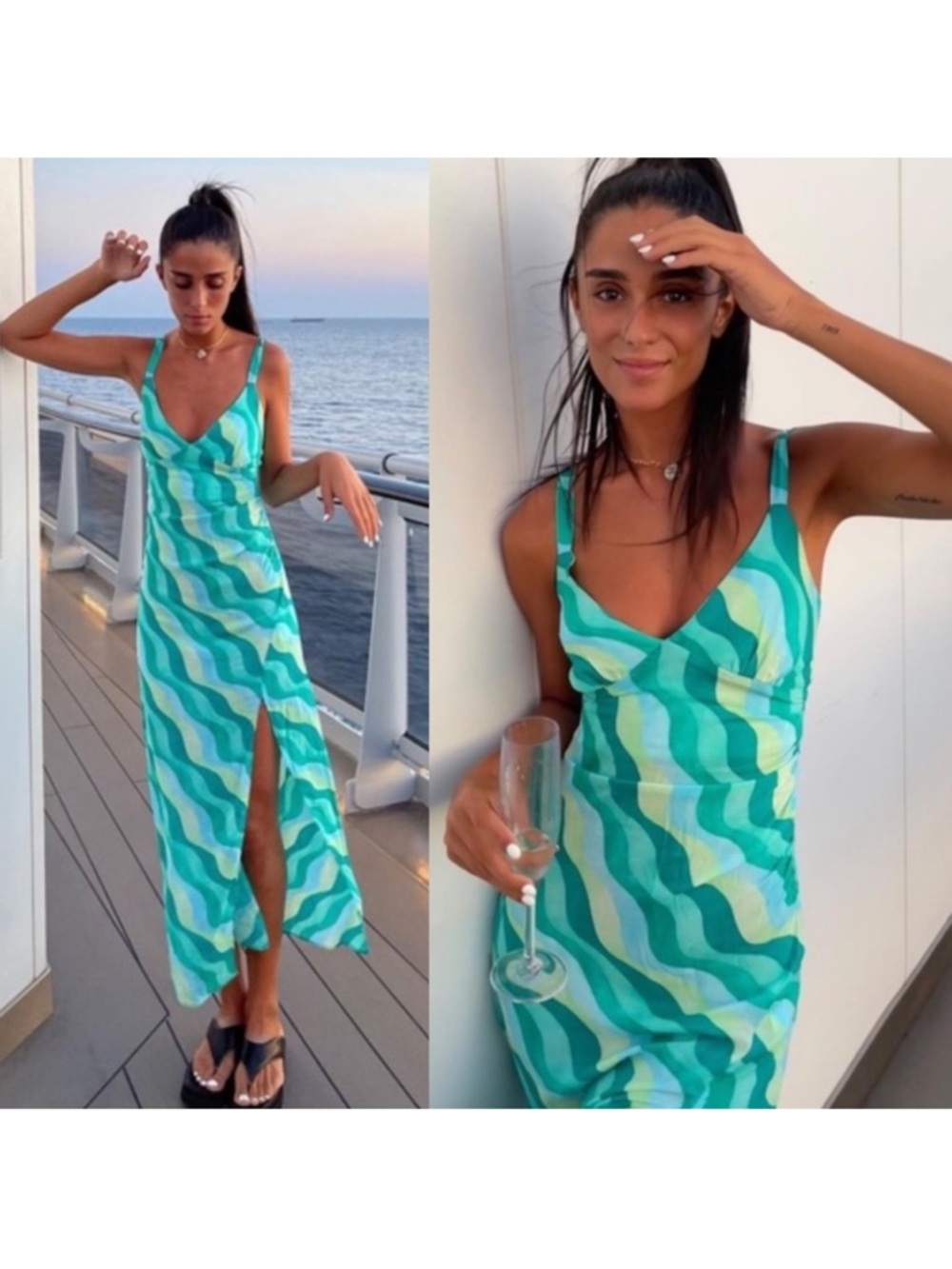 Zara Wave Print V-Neck Midi Dress Front Slit Retro 70s Green